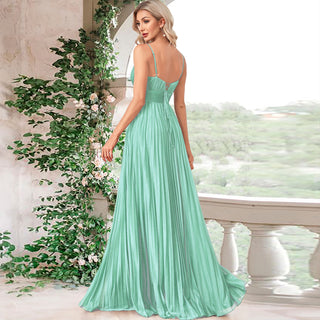 V-neck Pleated Formal Prom Gown Empire Waist Evening Dress with Spaghetti Strap