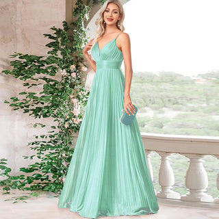 V-neck Pleated Formal Prom Gown Empire Waist Evening Dress with Spaghetti Strap