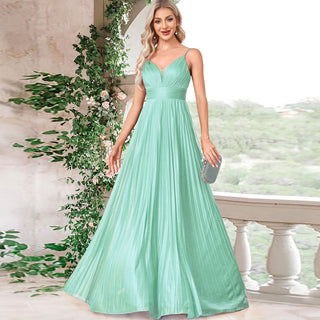 V-neck Pleated Formal Prom Gown Empire Waist Evening Dress with Spaghetti Strap