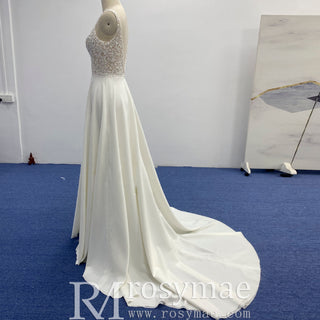 A-line Satin and Lace Vneck Wedding Dress with Strapy