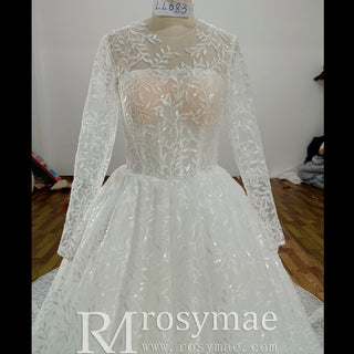 Embroidery Flower Lace Overlay Ball Gown Wedding Dress Long Sleeve