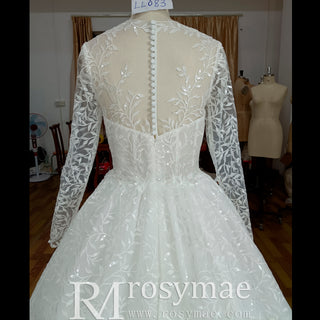 Embroidery Flower Lace Overlay Ball Gown Wedding Dress Long Sleeve