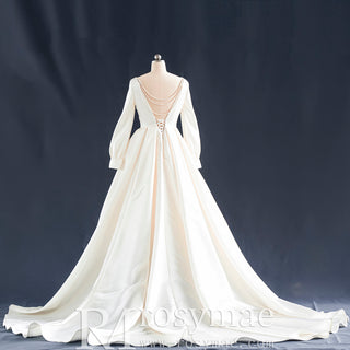 Modern Satin V-neck Ball Gown Wedding Dress with Long Sleeve