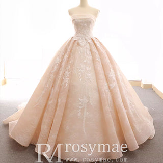 Strapless Tulle Lace Ball Gown Wedding Dress with Straight Neckline