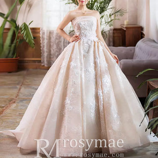 Strapless Tulle Lace Ball Gown Wedding Dress with Straight Neckline