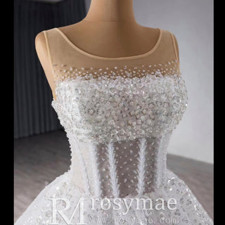 Beaded Flower Wedding Dress Sheer Bodice Sparkly Bridal Gown