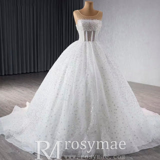 Beaded Flower Wedding Dress Sheer Bodice Sparkly Bridal Gown