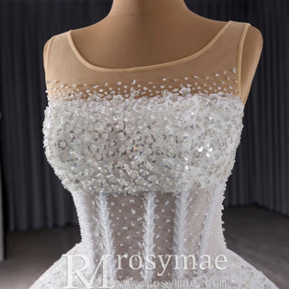 Beaded Flower Wedding Dress Sheer Bodice Sparkly Bridal Gown