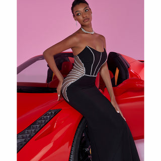 black prom dress with boat neckline