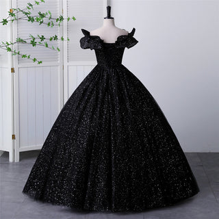 Black Sparky Off Shoulder Ball Gown Floor Length Party Dress In Wedding