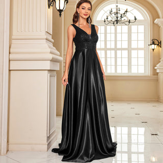 Long Maxi Dress Formal Prom Gown With V-Neckline And Pockets