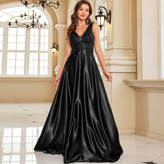 Long Maxi Dress Formal Prom Gown With V-Neckline And Pockets