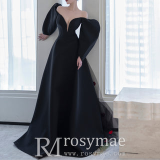 Unique Design Black Formal Gown Evening Party Dress with Puffy Sleeve