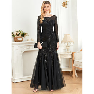 Sequins Long Sleeves Round Neck Slim Fit Mermaid Formal Evening Dress