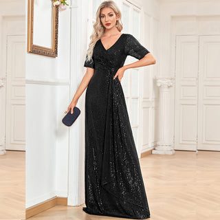 Modest Short Sleeves Women Formal Evening Gown Sequin Prom Dress