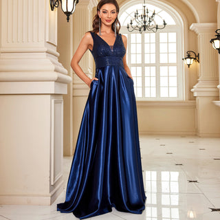 Long Maxi Dress Formal Prom Gown With V-Neckline And Pockets