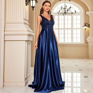 Long Maxi Dress Formal Prom Gown With V-Neckline And Pockets