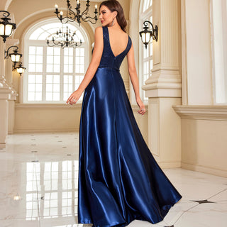 Long Maxi Dress Formal Prom Gown With V-Neckline And Pockets