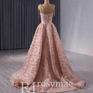 Sparkly A-line Blush Wedding Dress with Spaghetti Strap