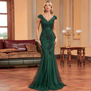 Sequins Mermaid Formal Evening Gown V-neck Prom Dress