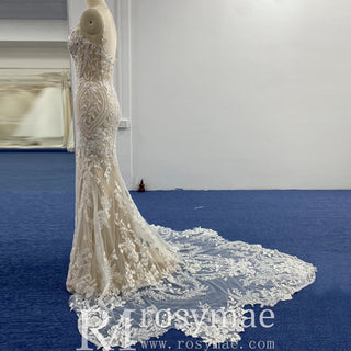 Elegant Mermaid Tulle Lace Wedding Dress with Spaghetti Strap