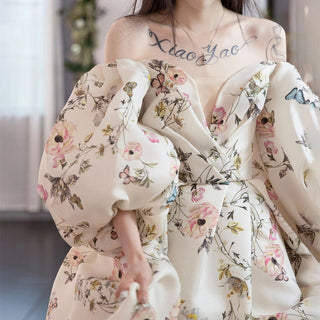 Sexy Leg Split Print Floral Formal Evening Dress With Puff Sleeves