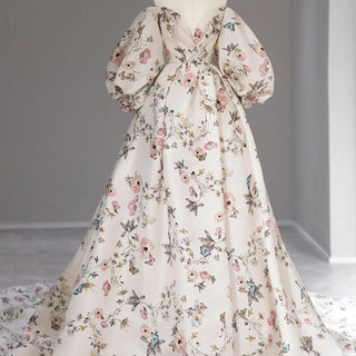 Sexy Leg Split Print Floral Formal Evening Dress With Puff Sleeves