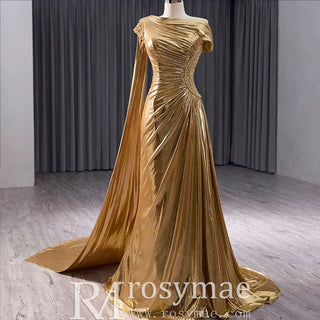 Fashion Gold Split Front Prom Dresses Mermaid Short Sleeves Party Dress