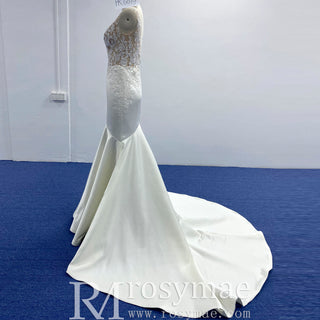 Elegant Satin Fit and Flare Wedding Dress with Vneck