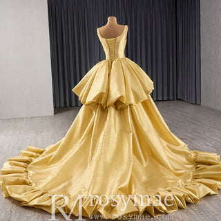 Ruffle A-line V-neck Empire Waist Gold Wedding Dress with Tank Top