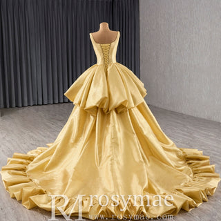 Ruffle A-line V-neck Empire Waist Gold Wedding Dress with Tank Top