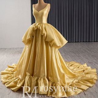 Ruffle A-line V-neck Empire Waist Gold Wedding Dress with Tank Top