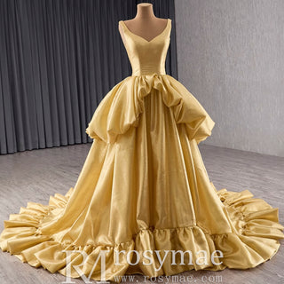 Ruffle A-line V-neck Empire Waist Gold Wedding Dress with Tank Top