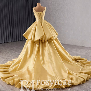 Ruffle A-line V-neck Empire Waist Gold Wedding Dress with Tank Top