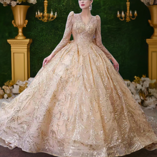 Luxury Long Sleeve Gold Ball Gown Puffy Skirt Big Wedding Dress with Bow