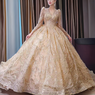 Luxury Long Sleeve Gold Ball Gown Puffy Skirt Big Wedding Dress with Bow