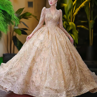 Luxury Long Sleeve Gold Ball Gown Puffy Skirt Big Wedding Dress with Bow