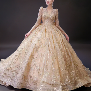 Luxury Long Sleeve Gold Ball Gown Puffy Skirt Big Wedding Dress with Bow