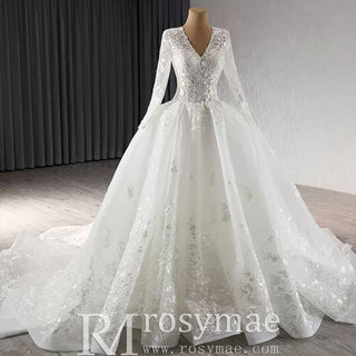 Long Sleeve Ball Gown Lace Tulle Wedding Dress with High Back