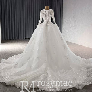 Long Sleeve Ball Gown Lace Tulle Wedding Dress with High Back