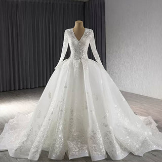 Long Sleeve Ball Gown Lace Tulle Wedding Dress with High Back