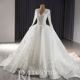 Long Sleeve Ball Gown Lace Tulle Wedding Dress with High Back