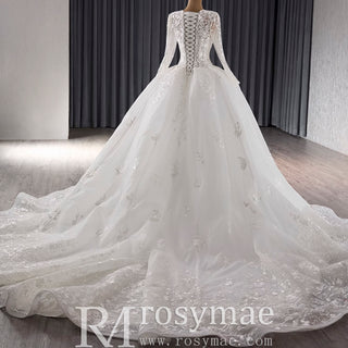 Long Sleeve Ball Gown Lace Tulle Wedding Dress with High Back