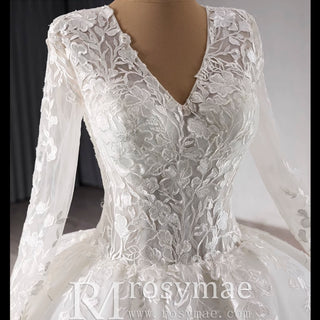 Long Sleeve Ball Gown Lace Tulle Wedding Dress with High Back