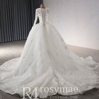 Long Sleeve Ball Gown Lace Tulle Wedding Dress with High Back