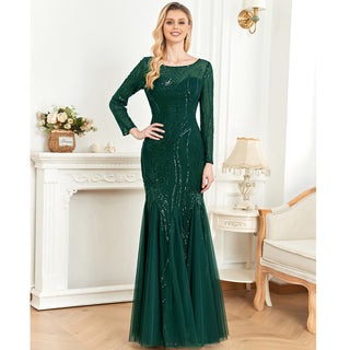 Sequins Long Sleeves Round Neck Slim Fit Mermaid Formal Evening Dress