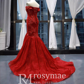 Red Mermaid Lace Prom Dress Off Shoulder Trumpet Evening Gown
