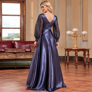 A-Line Long Sleeve Sequin Evening Dress Formal Prom Gown with V-neck