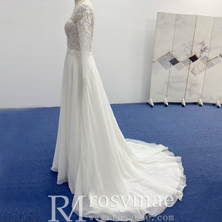 Long Sleeve Chiffon and Lace A-line Wedding Dress with Vneck