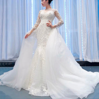 Long Sleeve Lace Mermaid Wedding Dress with Detachable Skirt